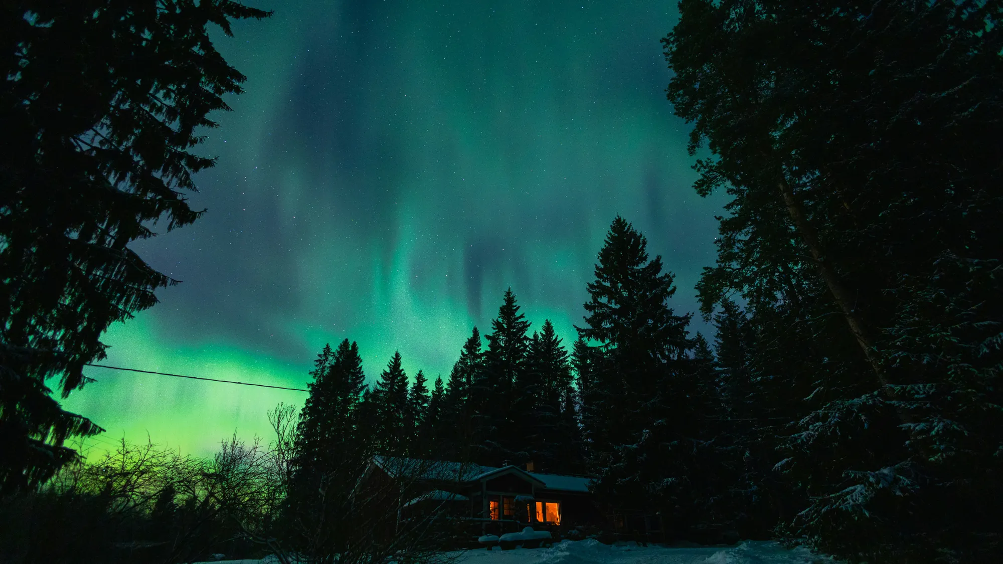 Vuokramökki talvisessa metsässä revontulien alla